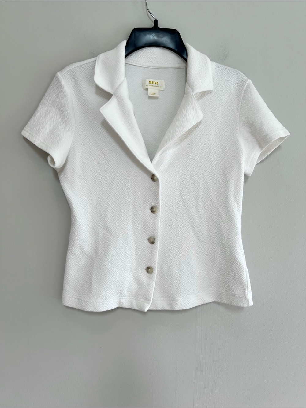 Maeve Anthropologie Notched Lapel Crinkle Button Front Short Sleeve Top White,S - Picture 2 of 11